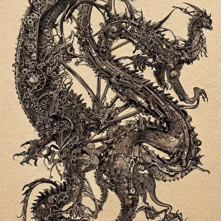 Image similar to ultra realistic illustration of a steampunk mechanical dragon art nouveau filgree scrollwork, masterpiece, sharp