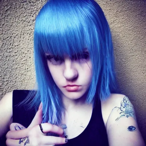 Prompt: photoshoot portrait of a teen emo girl, blonde and blue hair, flawless features, pale skin, beautiful beautiful beautiful instagram selfie, tyftt, prime