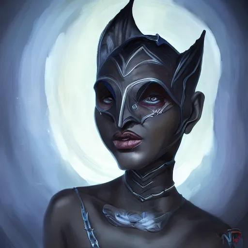 Image similar to a painting of a female dark elf holding her mask, a character portrait by Nína Tryggvadóttir, polycount contest winner, fantasy art, detailed painting, concept art, artstation hd