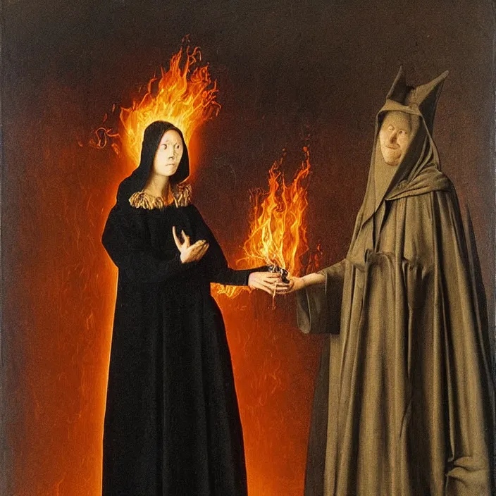 Image similar to a woman wearing a hooded cloak made of fire, standing next to a person wearing a black veil, by Jan van Eyck