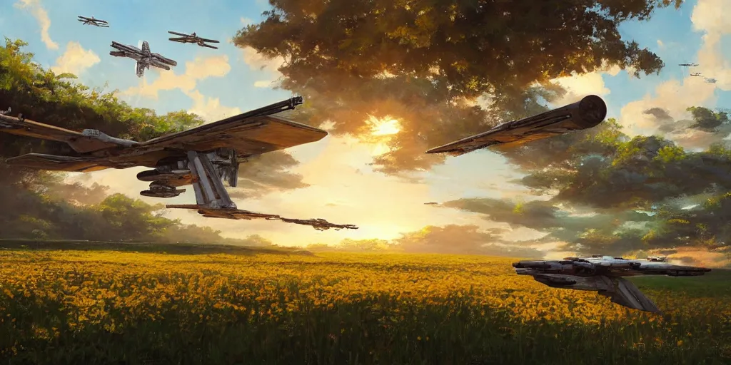 Image similar to an extraordinarily beautiful oil painting of an x - wing fighter in a landscape in spring during sunrise ; lush vegetation ; the most beautiful painting in the world ; by makoto shinkai and craig mullins