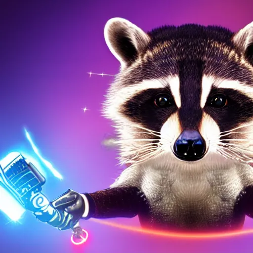 Image similar to logo of a racoon holding a laser gun, realisitc , 4K