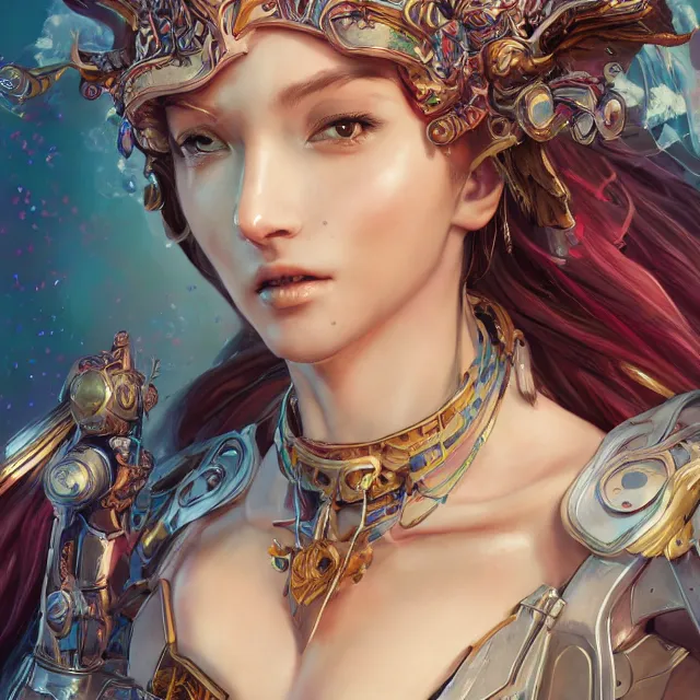 Image similar to studio portrait of lawful good colorful female divine mech paladin as absurdly beautiful, elegant, young sensual gravure idol, ultrafine hyperrealistic detailed face illustration by kim jung gi, irakli nadar, intricate linework, sharp focus, bright colors, matte, octopath traveler, final fantasy, unreal engine highly rendered, global illumination, radiant light, intricate environment