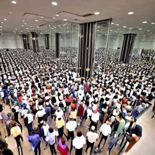 Image similar to a huge room full of people, many tall standing mirrors reflecting the people in room