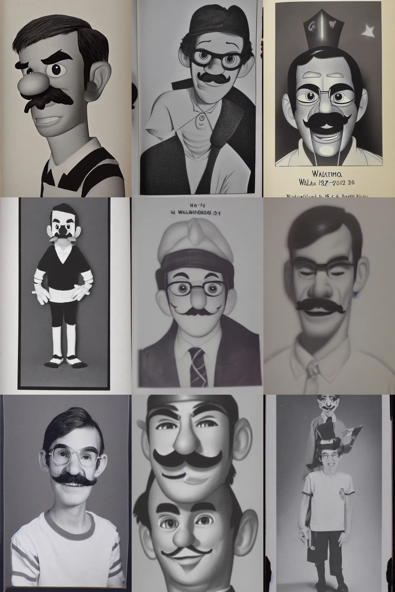 Prompt: Vintage 5th grade yearbook photo of Waluigi, accurate, photorealism, highly detailed, studio lightning, old, black and white