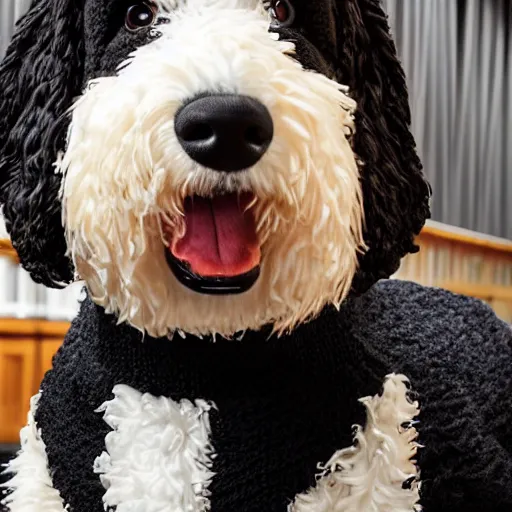 Image similar to a closeup photorealistic photograph of a cute smiling knitted bernedoodle judge dog dressed in a black gown, presiding over the courthouse. indoor image, professional capture, well lit shot. this 4 k hd image is trending on artstation, featured on behance, well - rendered, extra crisp, features intricate detail, epic composition and the style of unreal engine.