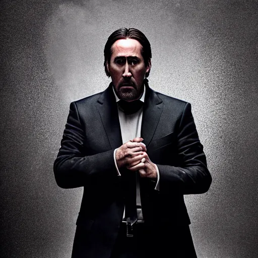 Prompt: Nicolas Cage as John Wick, promo shoot, studio lighting