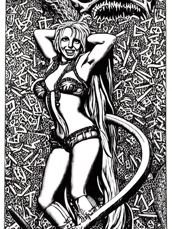 Image similar to britney spears as a d & d monster, full body, pen - and - ink illustration, etching, by russ nicholson, david a trampier, larry elmore, 1 9 8 1, hq scan, intricate details, inside stylized border
