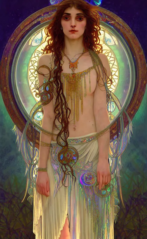 Prompt: ancient greek and gypsy and druid culture crossover, female, ecopunk art nouveau architecture, iridescent and opalescent, twilight, refractive crystal, elegant, feather hair ornaments, highly detailed, digital painting, glowing particles, misty, cinematic lighting, smooth, sharp focus, art by nixeu, by wlop, by alphonse mucha.