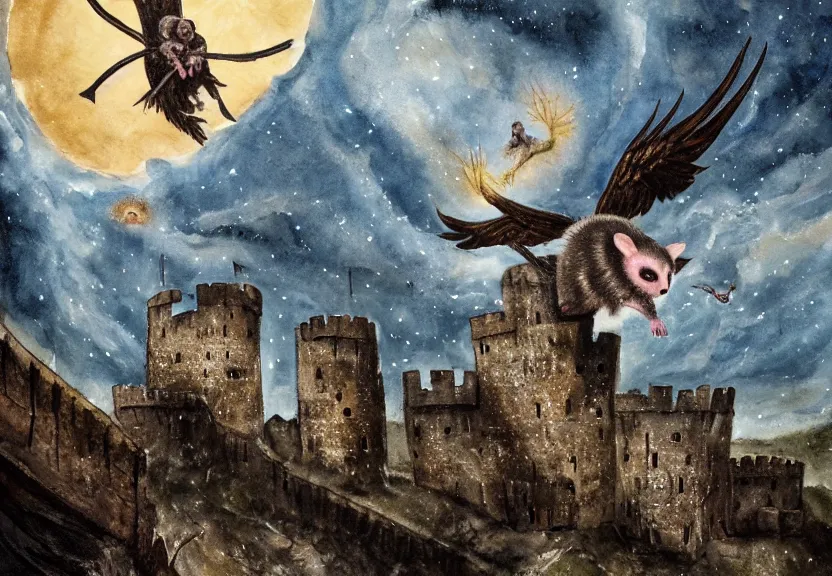 Image similar to Threatening winged possum flying over a medieval castle under a dark starred sky, dark fantasy, watercolor, dreaming illusion, highly detailed, 4k, trending on Artstation, award-winning