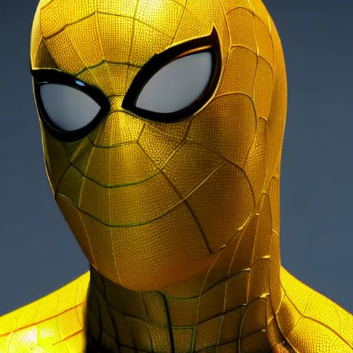 Image similar to still photo of yellow spider - man, highly detailed, photorealistic portrait, bright studio setting, studio lighting, crisp quality and light reflections, unreal engine 5 quality render