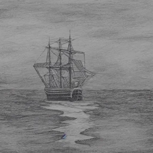 Prompt: A ship on a deserted island, realism drawing on white background