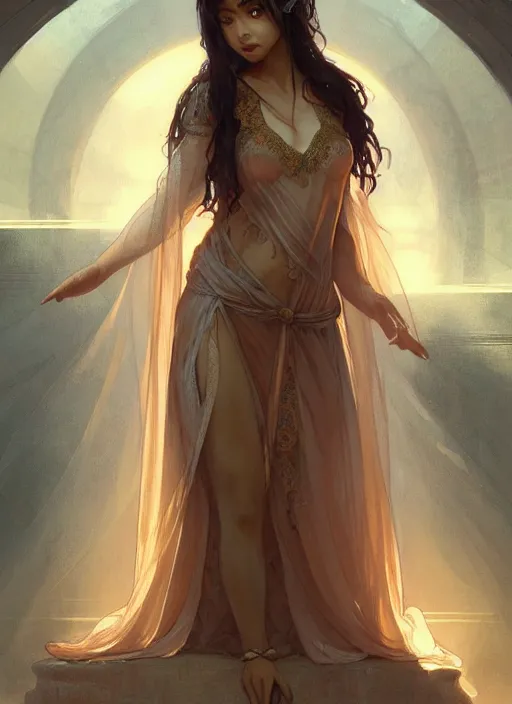 Prompt: cute brown woman wearing a transparent night gown and hanfu face veil, fantasy, intricate, highly detailed, digital painting, artstation, concept art, wallpaper, smooth, sharp focus, illustration, art by artgerm and greg rutkowski and alphonse mucha