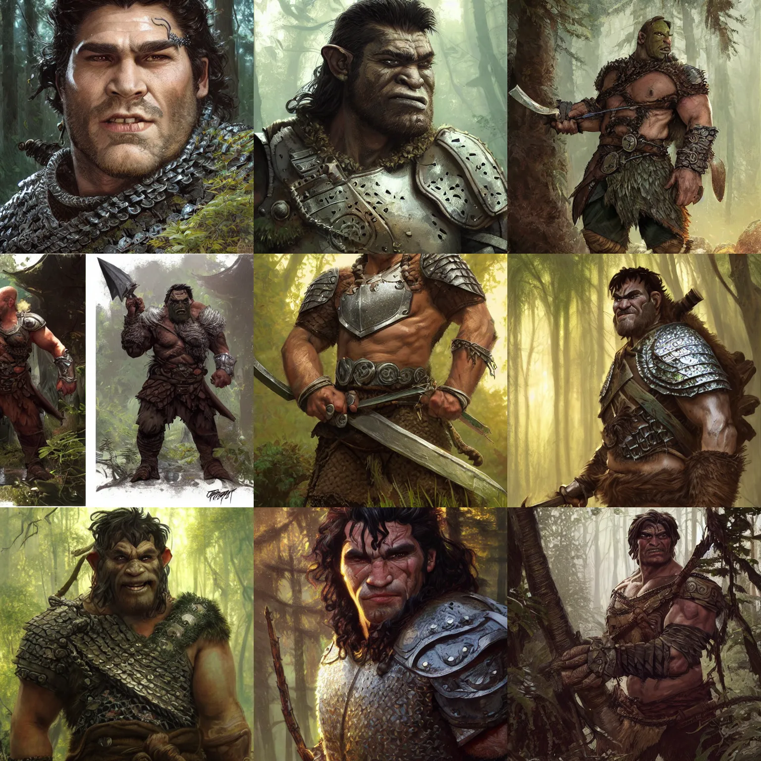 Prompt: portrait of a ruggedly handsome half - orc fighter with short brown hair wearing chainmail armor in a forest, half body, fantasy, highly detailed, digital painting, artstation, concept art, character art, art by greg rutkowski and tyler jacobson and alphonse mucha