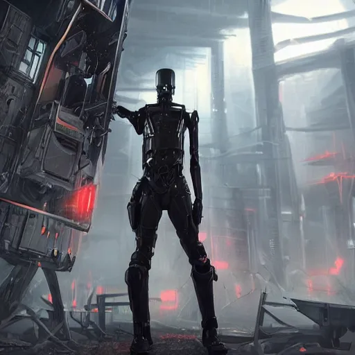 Prompt: An epic portrait of a concept art sci-fi character, a tall slender man with short black hair on the sides with bangs, wearing a futuristic riot gear armor, in his hands he holds a large wrench and the background is desolate scifi environment. Octane render 4K Arstation HQ.