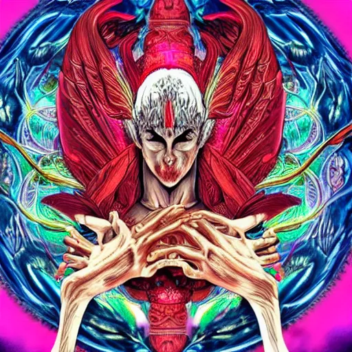 Image similar to 4K headshot of godlike mushroom with defined arms and open hands and bloody clothes with giant mandala wings , intricate face , flawless anime cel animation by Kentaro Miura, psychedelic , highly detailed upper body , professionally post-processed , beautiful, scary, symmetry accurate features, epic, octane rendered, anime masterpiece, accurate