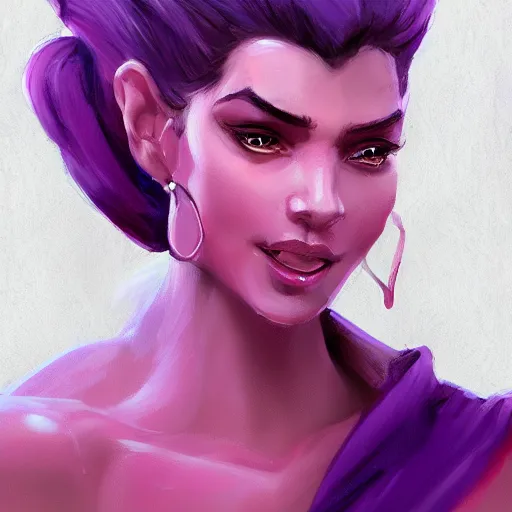 Image similar to portrait of a female genie, expressive pose, pleased expression, violet tones, highly detailed, digital painting, concept art, smooth, artstation