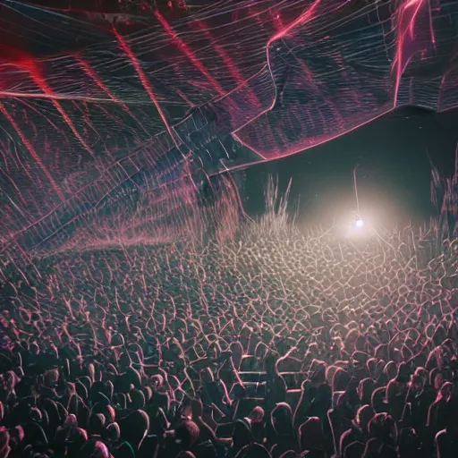 Image similar to dusty Trent Reznor smashing guitars, group of people on stage playing instruments, elaborate stage effects, dust, smoke, giant LED screens, colored projections, ultrafine detail, goth cybersuit, glowing thin wires, smoke, high contrast, projections, a screenshot by David Gilmour Blythe, holography, tesseract, volumetric lighting, anamorphic lens flare