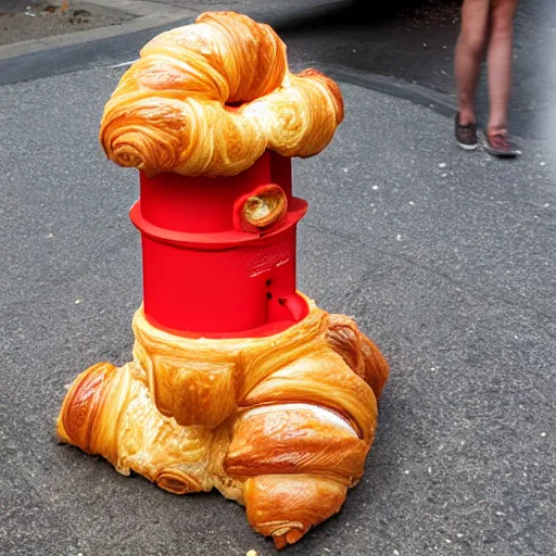 Prompt: a fire hydrant made of croissant