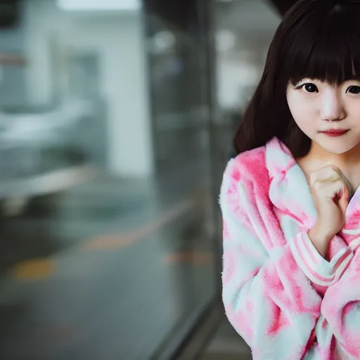 Prompt: photo of a cute Japanese girl wearing comfy pajamas, kawaii, high depth of field, 4k, 70 mm, sigma lens, reflection, exposured, saturated