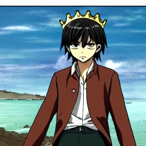 Prompt: Eren Jeager pointing at the ocean wearing a crown and suit