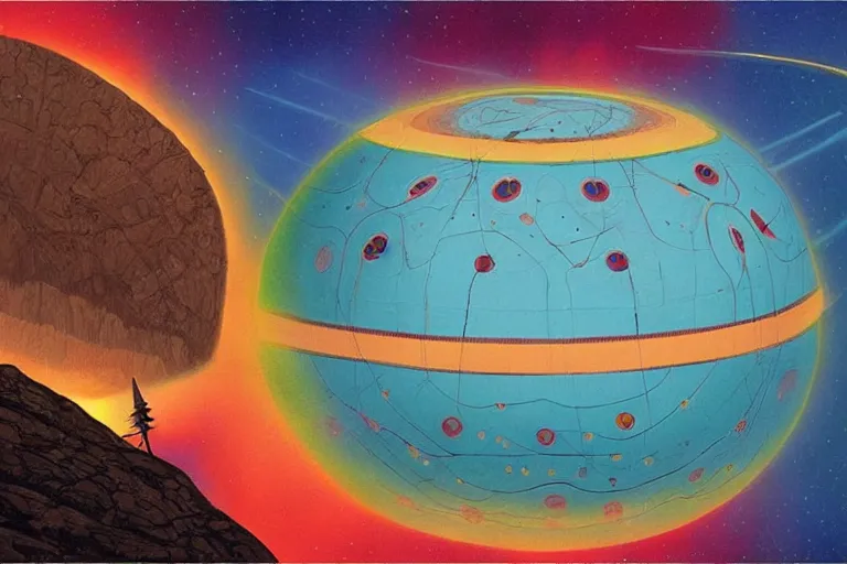 Image similar to a giant ((((metallic)))) floating sphere covered in canadian colorful aboriginal patterns!! hovering above a Yukon lake, (painted by Ralph McQuarrie), matte painting, very detailed, cold colors, concept art