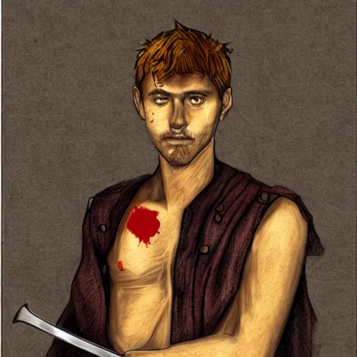 Image similar to self portrait, handsome man with battle scar on his chest holding his sword on his shoulder, pencil art, detailed, handsome, colored, bloody