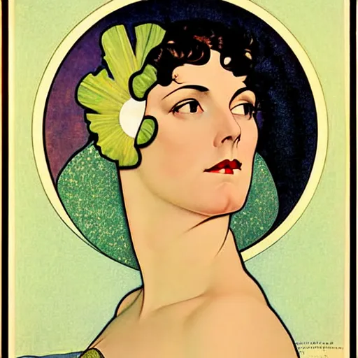 Image similar to Art in the style of Coles Phillips, Gaia, Full figured Mother Earth, portrait, Mucha, Georgia O'Keeffe