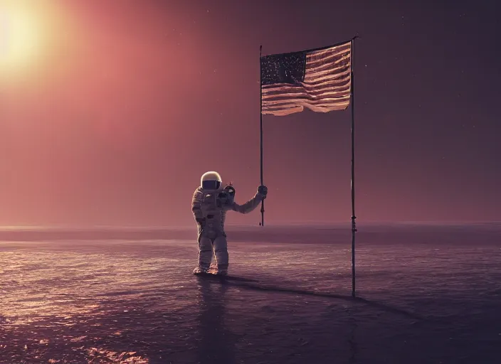 Image similar to astronaut holding a flag in an underwater desert. a submarine is visible in the distance. dark, concept art, cinematic, dramatic, atmospheric, 8 k, trending on artstation, blue, fish, low visibility, fog, ocean floor, christopher nolan, interstellar