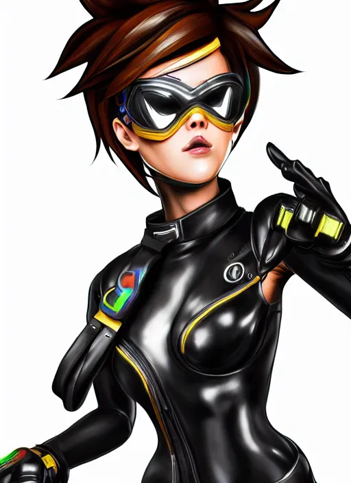 Image similar to full body digital artwork of tracer overwatch, wearing black iridescent rainbow latex, 4 k, expressive happy smug expression, makeup, in style of mark arian, wearing detailed black leather collar, wearing sleek armor, black leather harness, expressive detailed face and eyes,