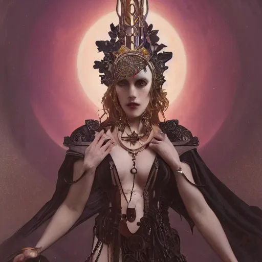 Prompt: a stunning gothic valkyrie by tom bagshaw, alphonse mucha, donata giancola, mary jane ansell, ankh necklace, horror, black magic, black orchids, gothic, dark academia, atmosphere, realism, octane render, dof, hyperdetailed, 8 k,