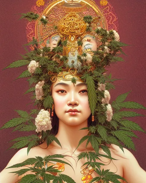 Prompt: portrait of goddess gaea, full body, decorated with cannabis buds, traditional chinese art, intricate, elegant, highly detailed, digital painting, artstation, concept art, smooth, sharp focus, illustration, art by artgerm and greg rutkowski and alphonse mucha, 8 k
