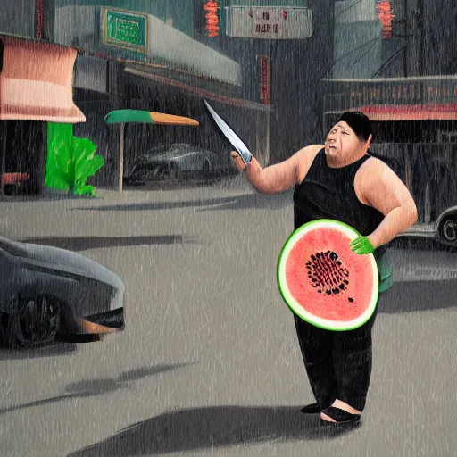 Image similar to a chinese fat guy being stabbed by was stabbed by a man with a watermelon knife in a melon stall.digital art,trending on artstation.