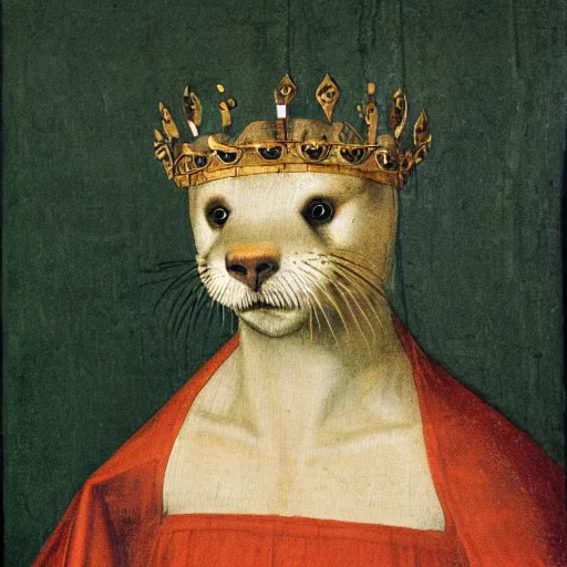 Image similar to a renaissance style portrait painting of a otter, wearing a crown and cape, dark background