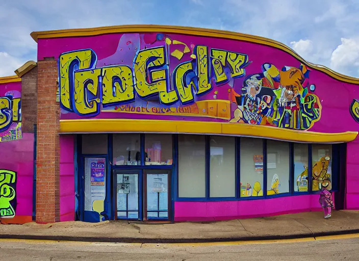 Prompt: the outside of the building for a circus themed Chuck E. Cheese’s play place. It’s permanently shut down, abandoned, Wisconsin, out of business Chuck E. Cheese building, got shut down because the mascot scared kids