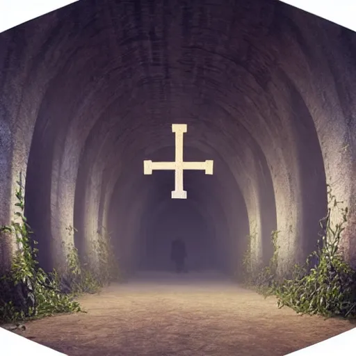 Prompt: a christian cross as the light at the end of the tunnel, with a few vines and overgrowth, concept art by Doug Chiang cinematic, realistic painting, high definition, digital art, symmetrical, very detailed, extremely high detail, photo realistic, concept art, unreal engine 5, bokeh, album cover