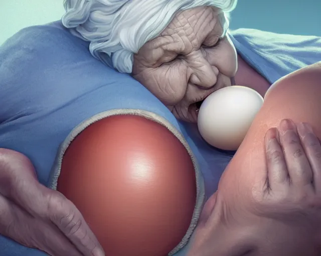 Prompt: of a very beautiful scene. ambient occlusion render. a sweet fat old woman is giving birth a beautiful colorful huge egg. hyper realistic. 4 k. wide angle. wild. symmetrical face, red mouth, blue eyes. deep focus, lovely scene. ambient occlusion render. concept art. unreal engine.