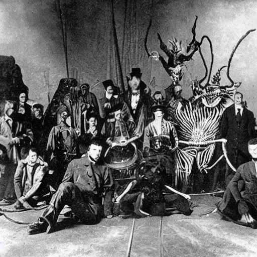 Image similar to historic photo, epic image of a Lovecraft circus with otherworldly beasts