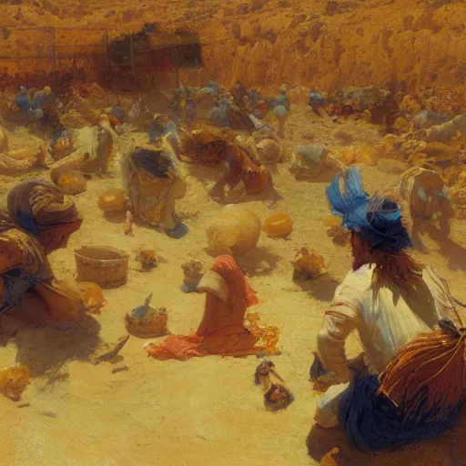 Image similar to detailed digital painting of a crowd of happy jews in the desert harvesting white manna, yellow orange and blue color scheme, painting by gaston bussiere, craig mullins, j. c. leyendecker 8 k