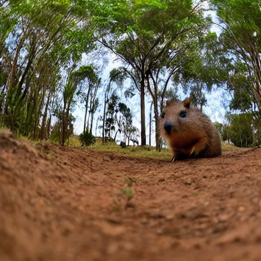 Image similar to a quokka and capybara standing on a motocross track, fisheye lens