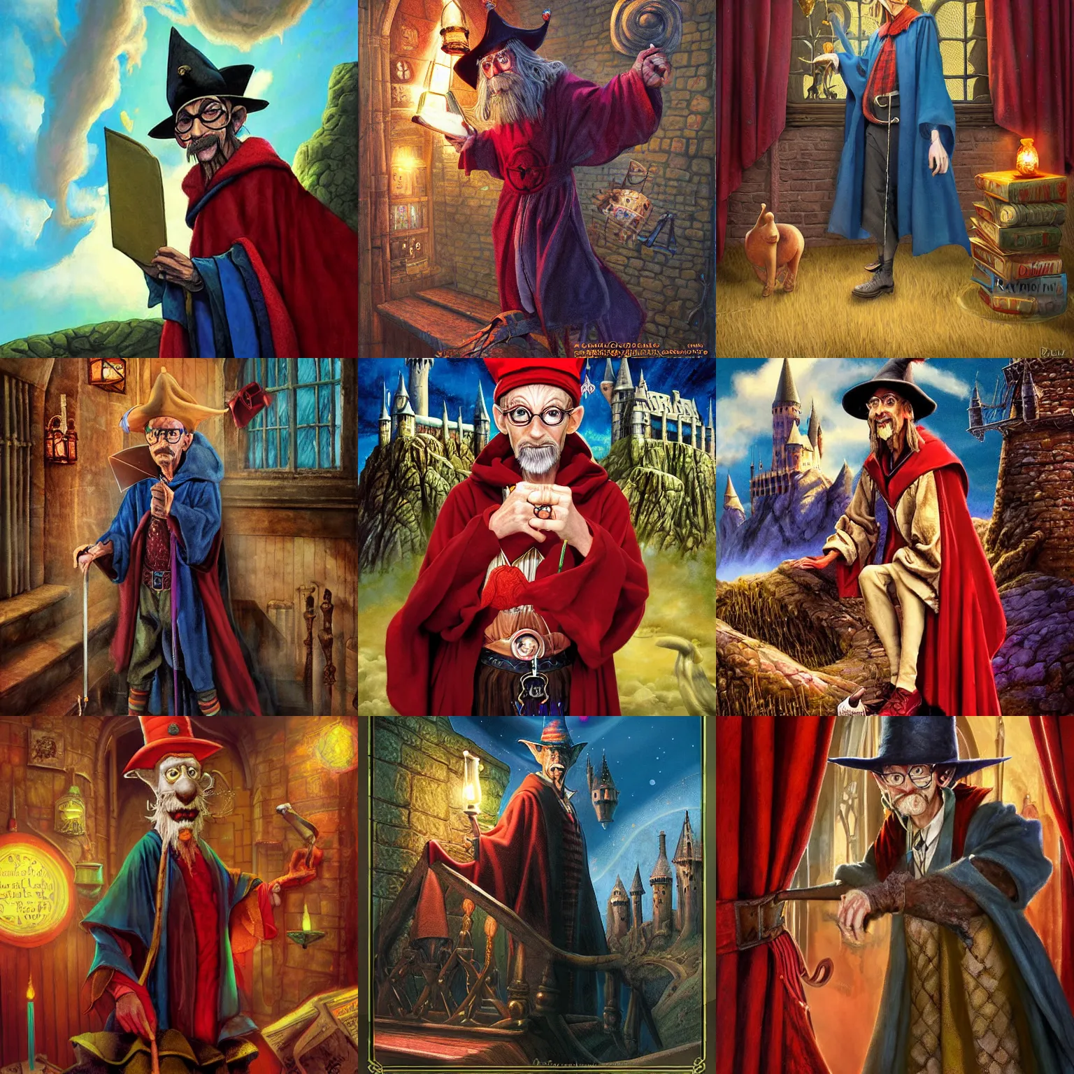 Prompt: Rincewind as a cowardly wizard professor, in the Hogwarts School of Witchcraft and Wizardry, detailed, hyperrealistic, colorful, cinematic lighting, photorealistic, digital art by Paul Kidby, and Jim Kay