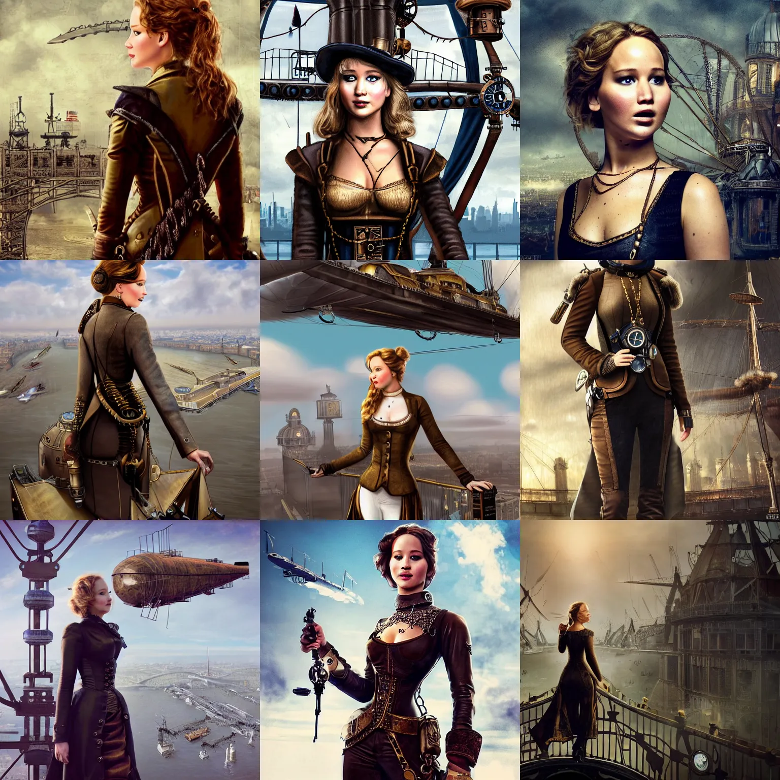 Prompt: Jennifer Lawrence as a steampunk airship pilot standing on the bridge of her airship, looking out over Victorian London, digital steampunk art, trending on ArtStation