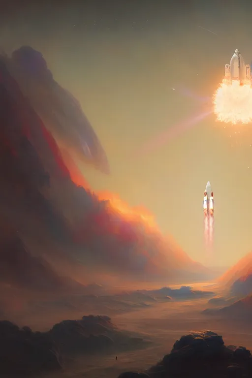Image similar to a space rocket launching from the nasa, extremely detailed digital painting, in the style of fenghua zhong and ruan jia and jeremy lipking and peter mohrbacher, mystical colors, rim light, beautiful lighting, 8 k, stunning scene, raytracing, octane, trending on artstation
