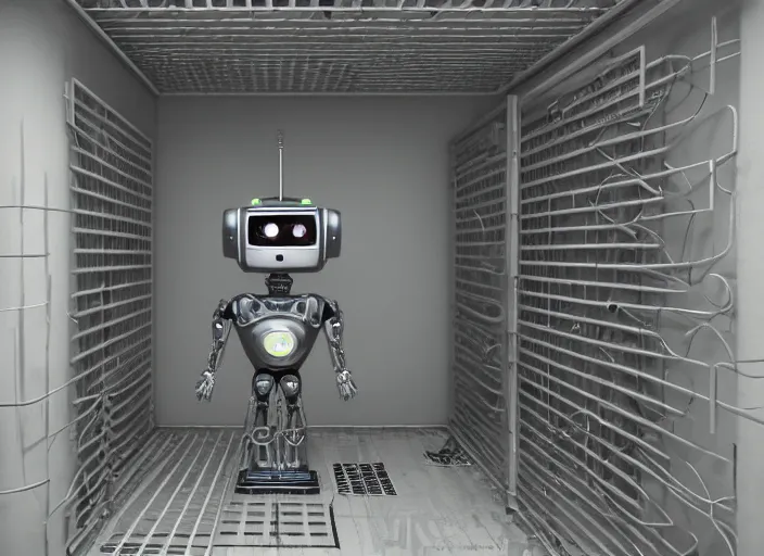 Prompt: a robot kept in a modern Jail highly detailed