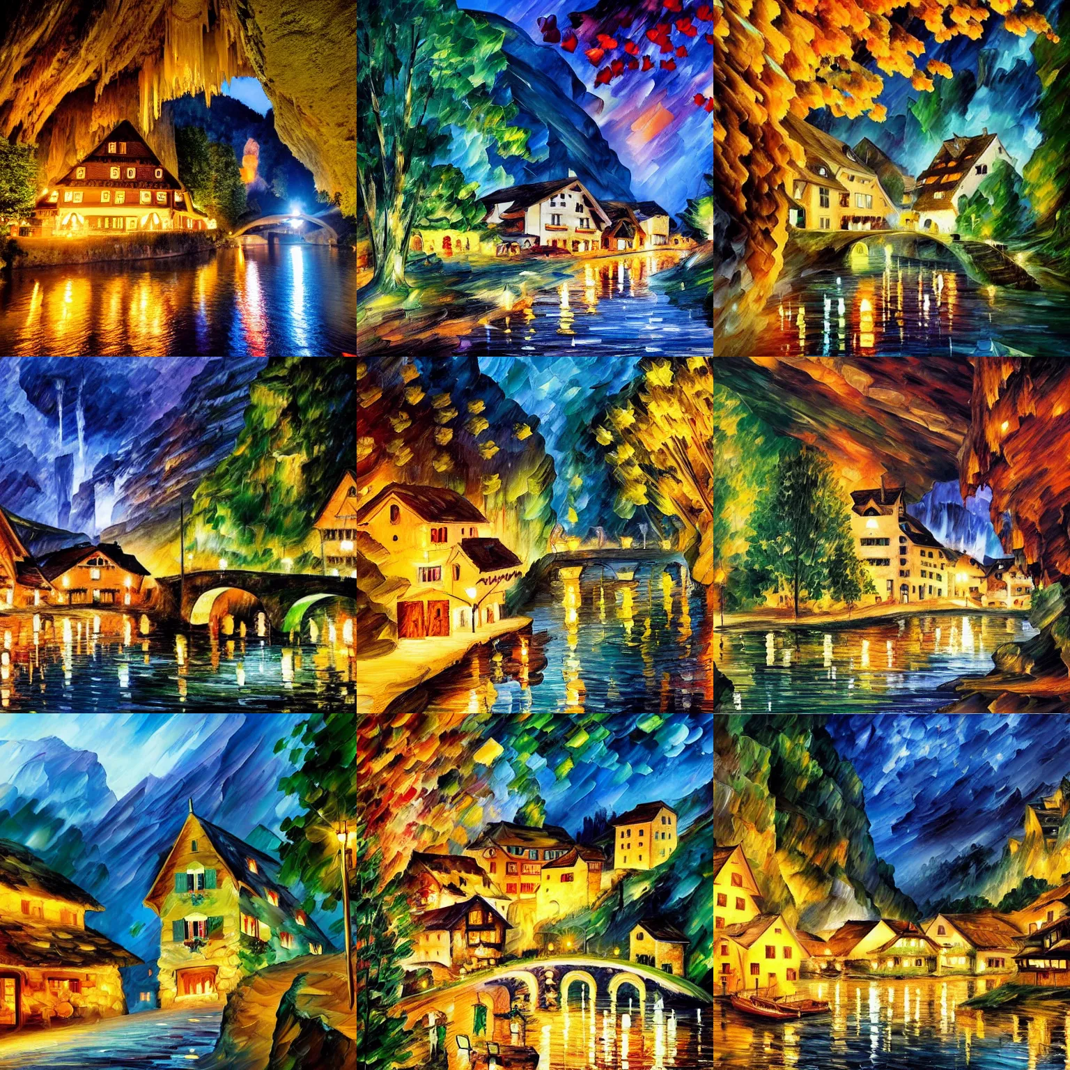 a quaint swiss village at night with cottages, a river Stable