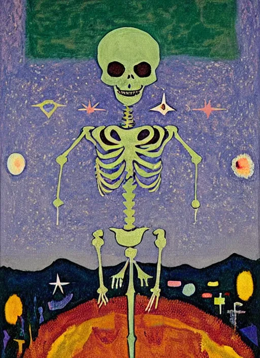 Image similar to pixel decollage painting tarot magician card composition wonky alien skeleton cook with knives in a dark green cloudy night sky with golden foil stars, occult symbols and tears, mountain lake and blossoming field in background, painted by mark rothko, helen frankenthaler, danny fox and hilma af klint, very pixelated, naive, expressionism