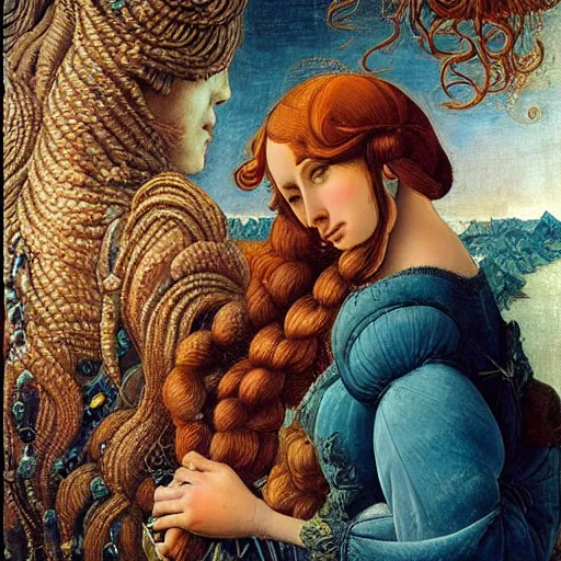 Prompt: intricate detail, hyper detail, drunk woman, very tired, wearing full body mans suite, hazel green eyes, teal eyebrows, with aqua neon rapunzel dreadlocks, detailed, by sandro botticelli, gaston bussiere, h. r. giger, masterpiece, sharp focus,