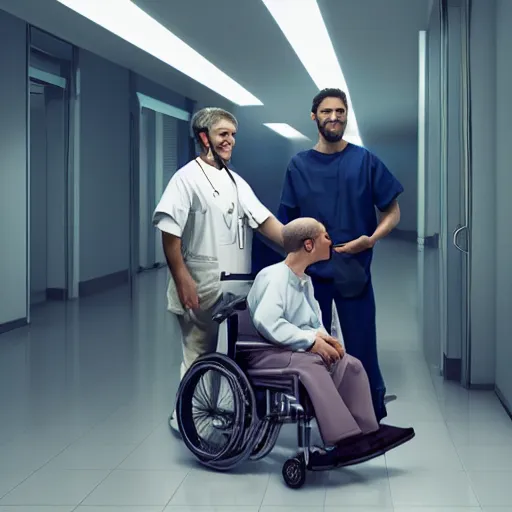 Prompt: a male patient in a wheelchair in the hospital with his wife and son standing by. happy, cheerful, smiling, intricate, face enhance, cinematic lighting, featured in artistation, 8 k, art by greg rutkowski, william adolphe bouguereau