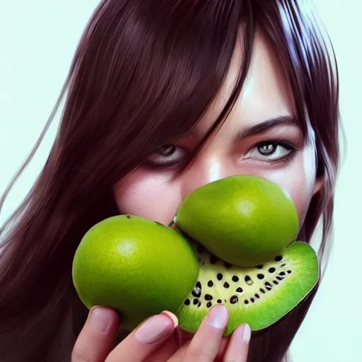 Prompt: close up of female model with kiwifruit slices covering her eyes. 4K award winning photorealistic concept art. smooth, sharp focus, illustration, grunge tech, art by Hirō Isono, by artgerm and greg rutkowski Artgerm 8k