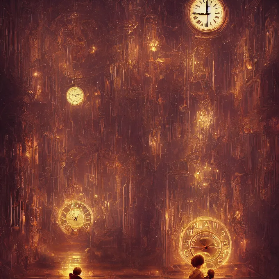 Image similar to a child surrounded by mirror and evil clock, intricate, elegant, glowing lights, highly detailed, digital painting, artstation, concept art, smooth, sharp focus, illustration, bruce pennington, 8 k, very high resolution, processing, extremely hyperdetailed